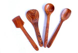 Green Wood Handmade Wooden Non-Stick Serving and Cooking Spoon Kitchen Tools Utensil, Set of 4 Wooden Olive Spoon, Serving Spoon, Table Spoon, Dessert Spoon, Cream Spoon Set