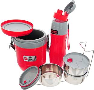 cello Lunch Express Insulated Tiffin & Water Bottle, 2 PCS Set, RED 3 Containers Lunch Box