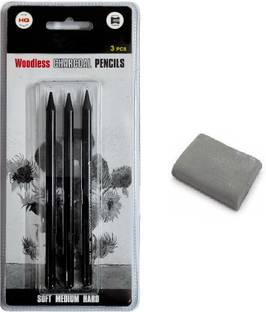 Definite Woodless Charcoal Pencil - Hard Medium and Soft (Pack of 3) and One Kneadable Eraser for Charcoal and Pastel Pencils; Ideal Drawing set for Students, Professionals, Artists