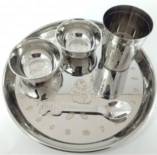 Rishabh Gold Stainless Steel Baby and Kids Dinner Set, with Motu Patalu Permanent Laser Dinner Set