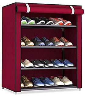 GO HOOKED 4 Layer Multipurpose Portable Folding Shoes Rack/Shoes Shelf/Shoes Cabinet with Wardrobe Cover, Easy Installation Stand for Shoes (Pack of 1) (Maroon) (Metal & Non-Woven Fabric). Metal Shoe Stand