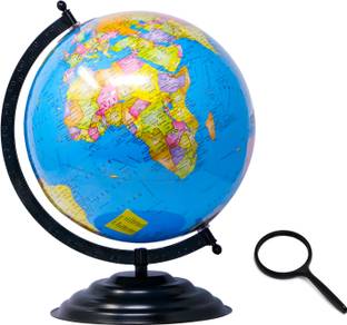 FIDDLERZ Globe For Kids, STEM STEAM Educational World Globe With 75mm Magnifying Glass For Kids/Office Globe/Political Globe/Globes for Students - 10 INCH (Medium - Blue) Desk & Table Top Political World Globe