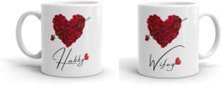 RHYTHM GIFT4U Hubby and Wifey Multicolour Printed Ceramic Coffee & Tea mug 330ML Coffee Set for Couple .Best Gift for Best Couples, Valentine Day Gift, Ceramic Coffee Mug