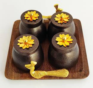 IndianArtVilla Set of 4 brown box & 1 Wooden Tray with Peacock Designe Handle, Chocolate Box For Diwali, Marriage Gift & Multipurpose Uses, 5 Pieces, Brown Container, Tray Serving Set
