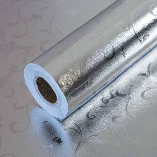 Vakhar 200 cm 2 Meter Self Adhesive Wallpaper Aluminium Foil Stickers for Kitchen Walls Cabinets Drawers and Shelves, Oil Proof Waterproof Anti-Mold and Heat Resistant Back Splash Sticker Liner (Silver) Self Adhesive Sticker