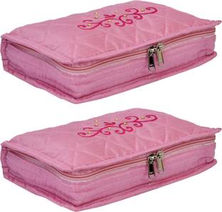 कुबेर इंडस्ट्रीज़ Embroidery Design 2 Pieces Satin Jewellery Pouch Cum Makeup Kit (Pink) ज्यूलरी एन्ड मेकप वैनिटी बॉक्स