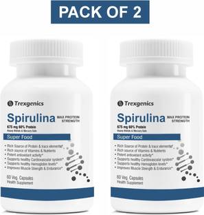 Trexgenics SPIRULINA 675mg MAX Strength Protein 60%,Heavy Metal& Mercury Green Food(60 Vcaps)