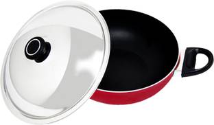 WELLBERG Essential Press Aluminium Non-Stick Kadai with Stainless Steel Lid, 24cm, Red, WBIN-3564 Kadhai 24 cm diameter with Lid 2.3 L capacity
