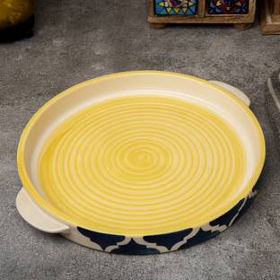 Hindustani Saudagar Hand Painted Blue & Yellow Ceramic Serving Tray/Sizzler Tray Microwave Safe 9.5 Inch Tray