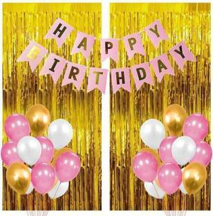 SQE Solid 1 Pink Happy Birthday Banner+2 Pc Gold Fringe Curtain+30 Pcs Mettalic Balloon Balloon