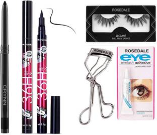 Crynn Smudge Proof HDA64 Makeup Beauty Kajal & 36H Deep Black Liquid Eyeliner & False Eyelash Pair & Eyelash Glue & Curler