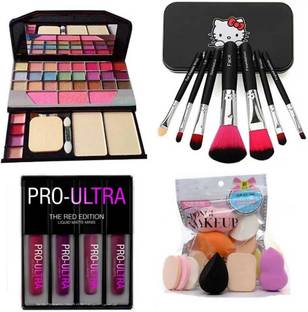 Pro Ultra Perfect makeup Eyeshadow 27 colour shades 2 Compact with 7pc makeup brush set + liquid matte long lasting lipstick set of 4 and perfect pack of beauty blander with makeup spong