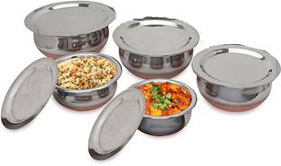 LIMETRO STEEL Copper Bottom Handi Pot 5 Piece Set/Steel Handi Set 5 with lid ( 5 Pieces , 0.5Ltr, 0.75Ltr, 1Ltr, 1.5Ltr, 2Ltr) Cookware Set