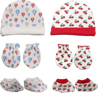 LuvLap 100% Cotton Baby Caps, Mittens and Booties Combo Set for 0-6 Months -Pack of 2