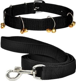 BODY BUILDING Dog Belt Combo of 1 inch Black Ghungroo Collar with Black Leash Specially for Medium Breeds Dog Collar & Leash