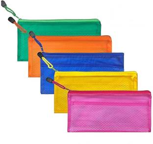 JSM Multipurpose Waterproof Zipper Pouches Document Holder/Pen Pencil Case/Stationery Storage Bags/Cosmetic Pouch/Travel Organizer (Multicolour, Small Size) - Pack of 5 Plastic Storage Pouch