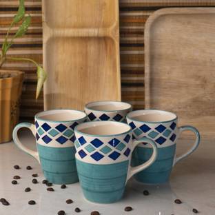 Hindustani Saudagar Microwave Safe Handmade Ceramic Tea Cup/Coffee Stylish Design with Ergonomic Handles for Ease of Use Color Green, Set of 4 Ceramic Coffee Mug