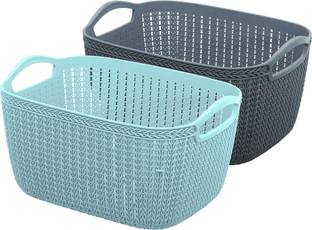 KUBER INDUSTRIES Plastic Q-6 Unbreakable Plastic 2 Pieces Multipurpose Large Size Flexible Storage Baskets/Fruit Vegetable Bathroom Stationary Home Basket with Handles (Light Blue & Grey) Storage Basket