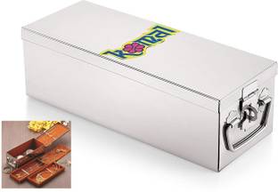 Konquer TimeS Stainless Steel Jewellery Box, with 2 velvet partition trays, 2 fixed plastic boxes for small ornaments & 1 velvet pouch jewelry safe Vanity Box