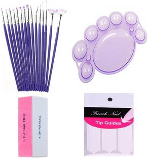 Royalkart Combo Deal Of 15 Pcs Nail Art Brush Set, Finger Tip Guide, Nail Paint Mixing Palette & 4 Way Colourful Nail Art Buffer