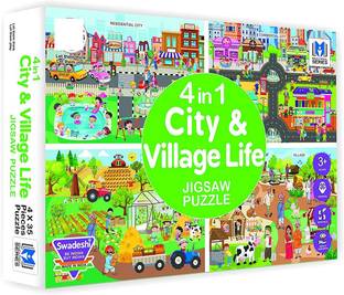अर्नियावाला 4 in 1 City & Village Life Jigsaw Puzzle for Kids. Teach Your Kids About The City and Village. 4 Puzzles 35 Pieces Each
