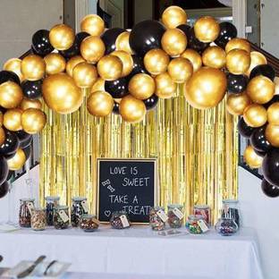 Balaji Solid Decoration Combo Kit with Black, Golden + Golden foil Curtain Birthday Party Supplies Decorations - Pack of 102 Balloon ( Pack of 102) Balloon