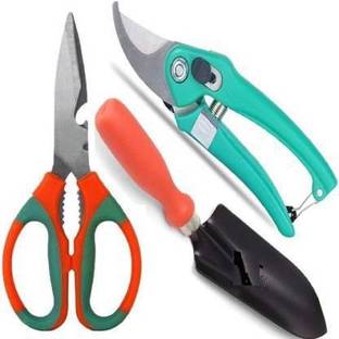 Plumcot Gardening Tools Combo of Scissor, Trowel and Garden Scissors Pruning Bypass Secateurs Flower Cutter Branch Trimmer Carbon Steel Blade with Lock Garden Tool Kit (3 Tools) Garden Tool Kit