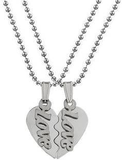 M Men Style Velentine's Day Gift Broken Heart Love Couple Locket With 2 Chain His AND Her Sterling Silver Stainless Steel Pendant Set