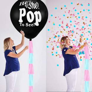 DECOR MY PARTY He or She Pop To See Confetti Balloon with Decorative Hanging Tassel For Baby Shower Party Decorations / Welcome Baby Boy or Girl Gender Reveal Party Decoration Kit