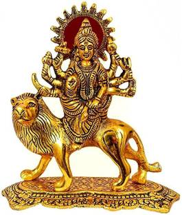 SP Handicrafts Durga Maa Hindu Goddess | Durga Maa on Lion in Metal Antique Gold Plated | Pooja Gift Decorative Showpiece  -  20 cm