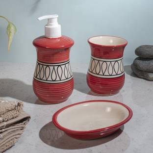 Hindustani Saudagar Handmade Painted Ceramic Pottery Soap Dispenser, Beaker, Soap Dish (Standard Size) -Set of 3 Pieces