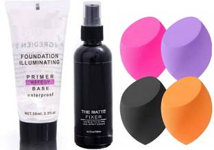 SHEFFO MAKEUP BASE PRIMER WITH MAKEUP FIXER Primer + 4 Pcs Blender Puff