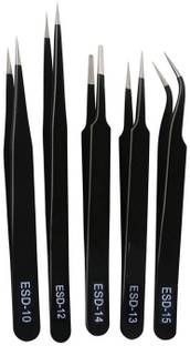 Inditrust Inditrust Set of 5 black coated Stainless Steel Tweezers - Straight & Curved