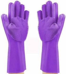Nikku creation Nikku creation Magic Silicone Gloves with Wash Scrubber, Reusable Brush Heat Resistant Gloves Kitchen Tool for Cleaning, Dish Washing, Washing The Car, Pet Hair Care - 1 Pair (Multicolor) Wet and Dry Glove Set