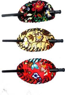 S Mark Classic Flower Design Oval Bun Cover Pin Thru Hair Barrette Clip with Stick (Random Colour) -Pack of 3 Hair Clip