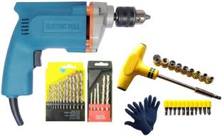 Inditools 10mm Electric drill machine 350 W with GLOVES 13pc HSS 5pc Masonry and 24pc Socket set Pisto...