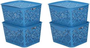 Cutting EDGE Polypropylene Large Turkish Basket For Closet | Wardrobe | Kitchen | Vegetables | Toys | Books | Office | Stationery | Utility | Cosmetics | Accessories Storage Basket With Lid (Blue) (14.5 CM x 13.5 CM x 9 CM) (Pack Of 4, Large) Storage Basket