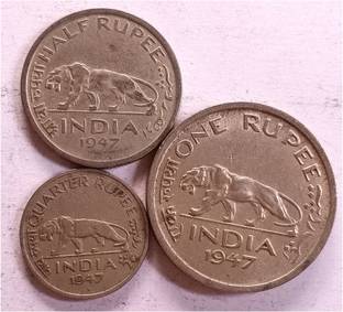 MANMAI COINS 3 Pieces Set - 1947 British India GEORGE KG VI , 1/4 , 1/2 & 1 R - CIRCULATED Condition. Medieval Coin Collection