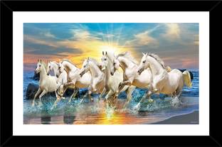 CRAFTSCORNER SEVEN HORSES RUNNING AT SUNRISE LUCKY VASTU PAINTING (14*20 INCHES WITH FRAME) Digital Reprint 14 inch x 20 inch Painting