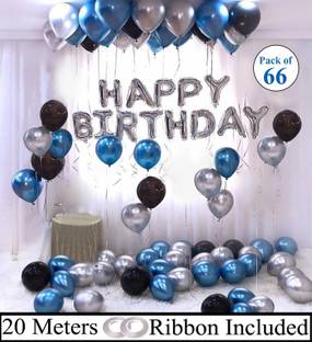 Trixzoom Solid Happy Birthday Silver Letter Foil Balloon Set with Metallic Balloons & Curling Ribbon For Birthday Boy Party Decoration / Birthday Boy Decorations Combo Letter Balloon