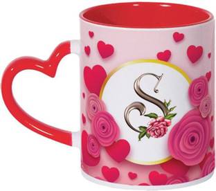 MM9E S Letter , Couple , Lover , Heart Handle , Red Letter S Alphabet Best Gift for Friends Who's Name Start With S , S black Rose , Heart Shap Special Birthday Gift for Girlfriend Ceramic Coffee Mug