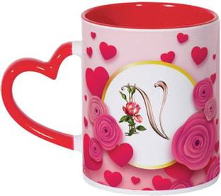 MM9E N Letter , Couple , Lover , Heart Handle , Red Letter N Alphabet Best Gift for Friends Who's Name Start With N , N Black Rose , Heart Shap Special Birthday Gift for Girlfriend Ceramic Coffee Mug