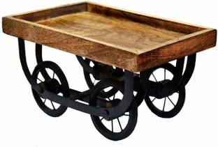 S.I Creation Handicrafts Wooden Serving Cart/Tray with moveable Iron Wheels Snack Serving Platter for Dining Table Tray