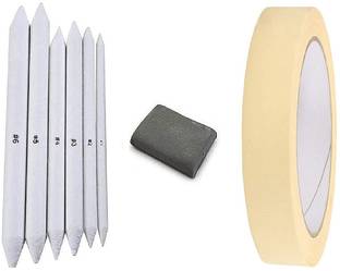 Definite White Paper Art Blending Stumps or Tortillon for Shading, Blending and Smudging (Pack of 6), One Kneadable Eraser for Charcoal and Pastel Pencils and 1 Inch Masking Paper Tape (20 Meters) ; Ideal Drawing Set for Students, Professionals, Artists
