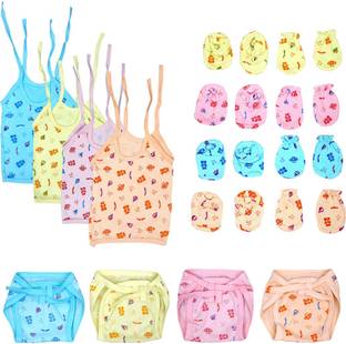 Bigbought New Born Baby Care Cloth Set Combo (Set of 12, Jhabla, Nappy, Mittens, Hosiery Material, Random Print (Multicolor)