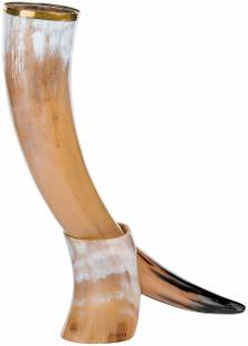 Ascent India Horn With Horn Stand Drinking Beer And Home Decorative Item Natural Finish With Brass Border Ceramic Beer Mug