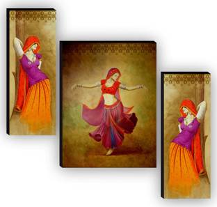 saf Set of 3 Dancing Traditional Rajasthani Ladies Home Decorative Gift Item Self Adeshive UV Textured Digital Reprint 12 inch x 9 inch Painting