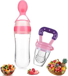 MulberryCart Presents Baby safe Silicone squeeze Fresh Food Feeder Bottle with Food Dispensing Spoon, Infant Food Nibbler Teething Toy Feeding Pacifier, Combo Pack of 2 Teether and Feeder