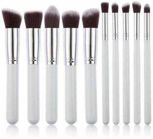 lazygirl Makeup Brush Set Cosmetic Foundation blending pencil brushes Beauty Tools (White-Silver) (Pack of 10)