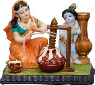 Sri Krishna Culture Ma Yashoda Extracting Butter & Krishna-Hindu God and Goddess Idol/Statue/Murti/Figurine(5.5")-Polyster Resin-Multicolour Decorative Showpiece  -  13.97 cm